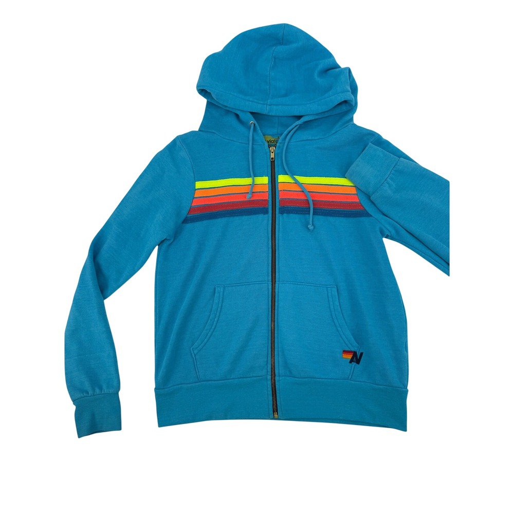 Aviator Nation 5-Stripe Hoodie Unisex S Blue Neon Zip Up Surf California Made